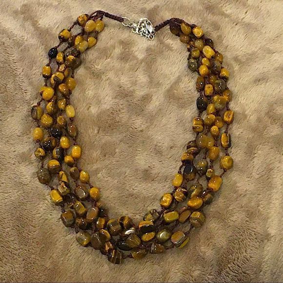 VINTAGE Faceted Tigers Eye Sterling Silver Four Strand Necklace - Picture 1 of 12
